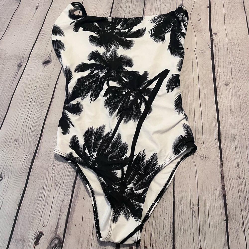One Piece Swim Suit Black & White Palm Trees